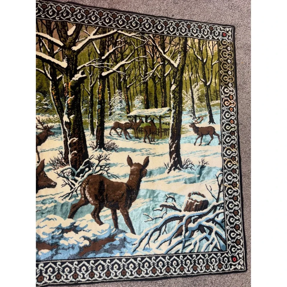 Vtg Velvet Deer Forest Winter Scene Wall Tapestry Hanging XL 75x50 Rustic Cabin